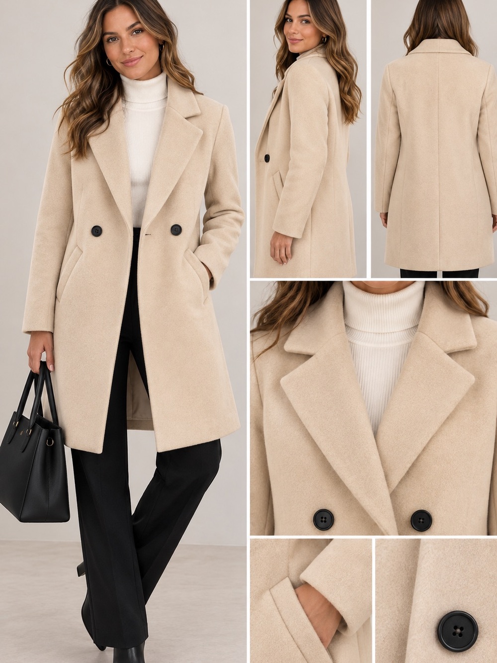NWT Fashion Cream Wool Blend Long Double Breasted Coat Size M